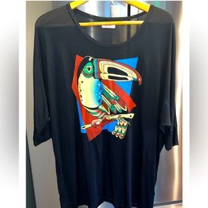 Lauren Moshi BLACK TUCAN Bird Colorful TUNIC shirt Pullover Slouchy Baggy Blue